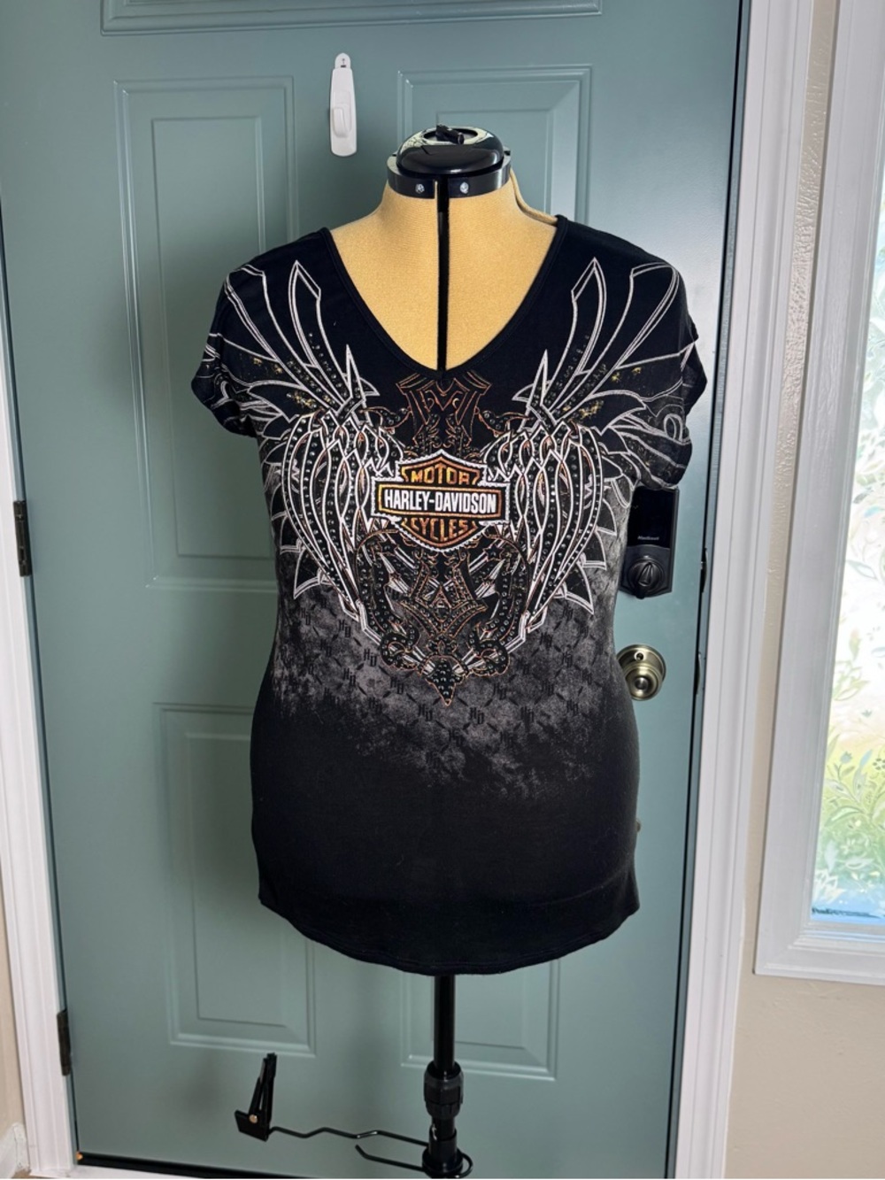 Harley Davidson Black Lace Back Graphic Tee Studded